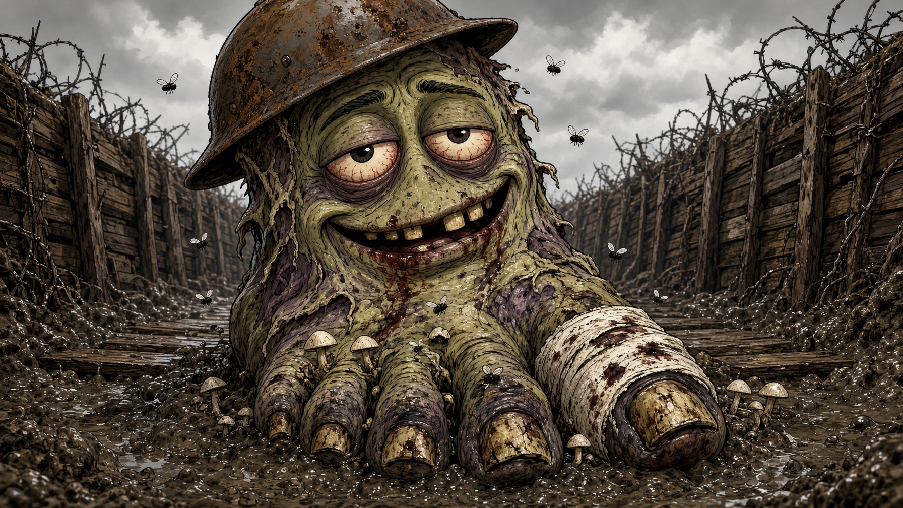 Trench Foot, a rotting foot in a rusty helmet, smiling in the mud